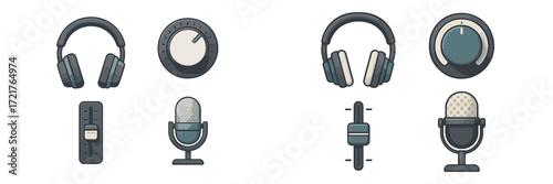 Creative audio equipment designs featuring headphones, microphones, and controls for modern sound production