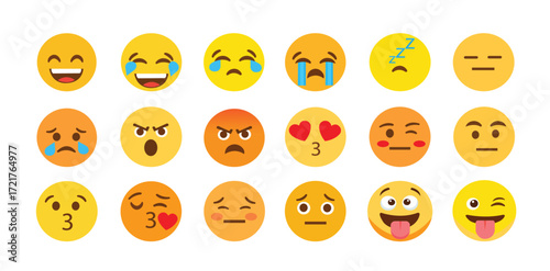 Emoji flat vector set of emoticons with funny, sad, crying, love, angry and cute facial expressions isolated on white background