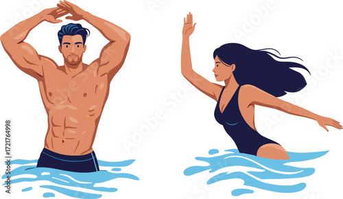 Cartoon man and woman swimming in water, summer activity, beach fun, fitness, splash, energetic pose, aquatic lifestyle, playful illustration