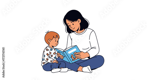 A loving mother reading a storybook to her curious toddler, illustrating family bonding, early learning, and the joy of storytelling