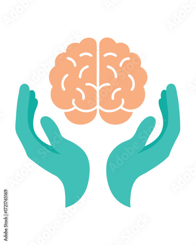 Two teal hands gently holding and protecting a stylized orange brain