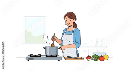 Happy woman in an apron cooking a healthy meal in a bright kitchen, stirring a pot with fresh vegetables on the side. Homemade food and lifestyle concept