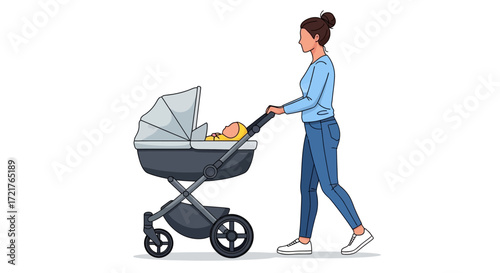 Mother strolling with her baby in a pram, enjoying a peaceful walk