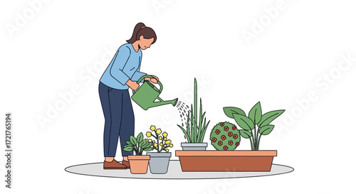 Woman Watering Plants Nurturing Growth in a Home Garden
