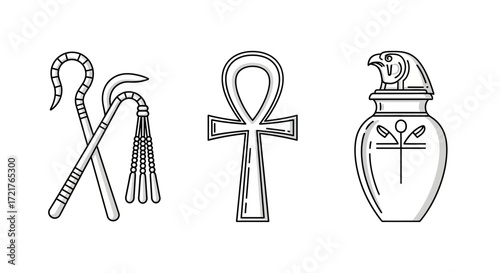 Ancient Egyptian Symbols Crook Flail Ankh and Canopic Jar.