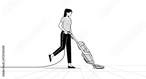 Woman cleaning floors with a vacuum cleaner, illustration in black and white