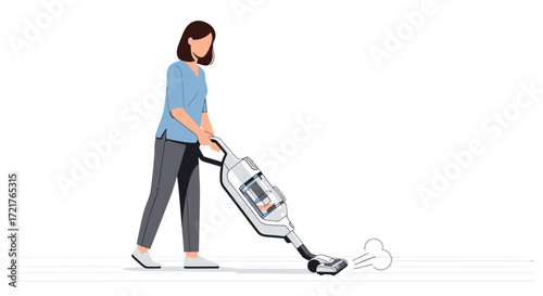 Flat vector illustration of a woman using a modern upright steam cleaner for deep floor sanitation, representing a domestic household chore and hygiene concept