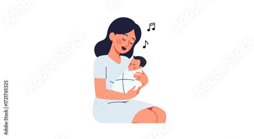 A Mother's Lullaby Nurturing Baby with Love and Music in Illustration