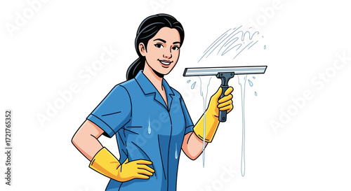 Smiling Woman Cleaning Window with Squeegee for Housework and Hygiene