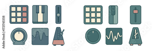 Colorful music tools and icons in a flat design layout showcasing various instruments and sound equipment