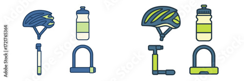 Bicycle accessories including helmets, water bottles, and locks arranged for easy viewing