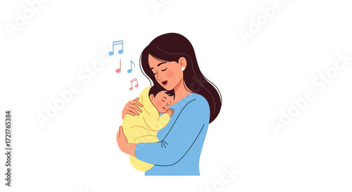 A serene illustration of a mother lovingly cradling her newborn, accompanied by musical notes, representing lullabies and gentle care