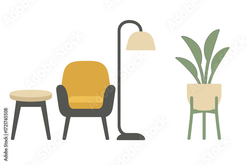 Cozy living room corner with a modern chair, lamp, side table, and potted plant in minimalist style