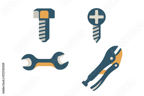 Collection of mechanical tools and fasteners displayed together for various repair tasks in a workshop setting
