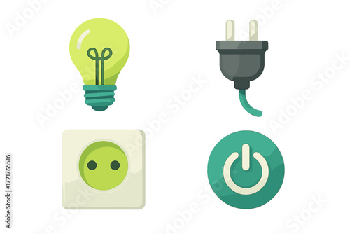 Creative illustration of essential electrical components including a light bulb, plug, outlet, and power button