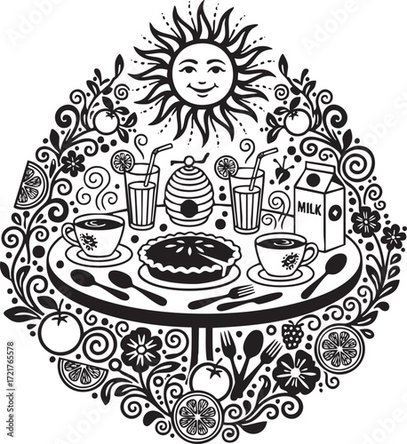 Breakfast table with sun and food elements in round decorative design