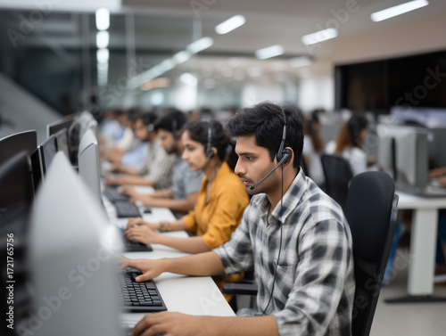 Indian call center agent working with headset in modern office environment