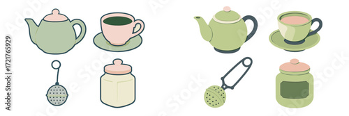 Variety of teapots, cups, and accessories in pastel colors arranged on a clean background for tea lovers