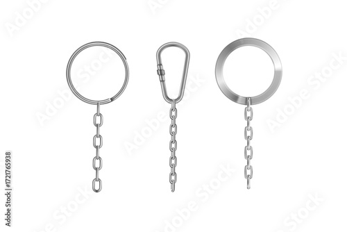 Collection Of Realistic Key Rings With Chain Vector Illustration.	
