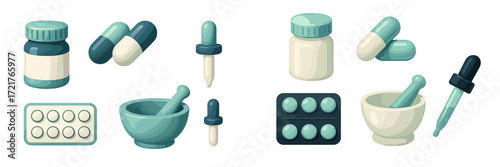 Illustration of various medicine containers and tools for health and wellness activities in a clean design