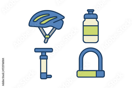 Cycling equipment including a helmet, water bottle, pump, and lock arranged for outdoor biking