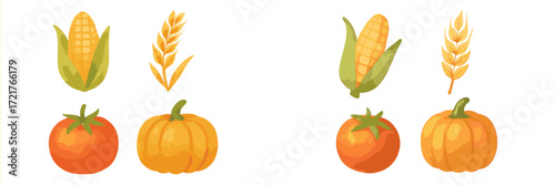 Colorful collection of vegetables and grains featuring corn, wheat, tomatoes, and pumpkins in a simple design