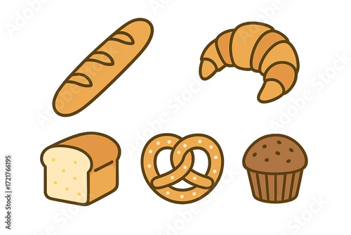Delicious assortment of baked goods including bread, croissant, and muffin displayed on a simple background
