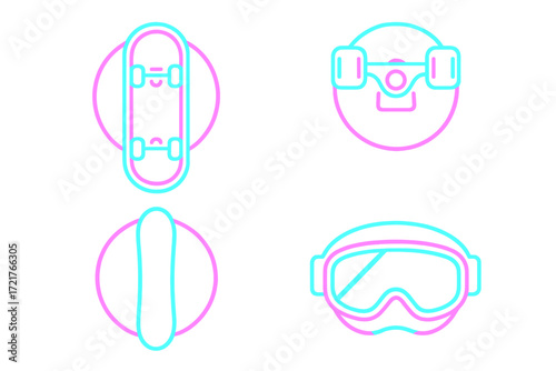 Skateboarding and snowboarding elements in vibrant neon colors displayed on a simple background