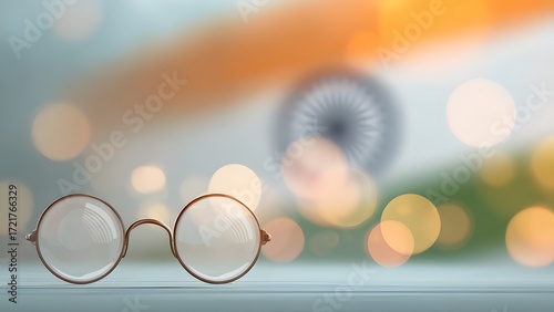 Round glasses in front of a blurred Indian flag background. The scene symbolizes Gandhi Jayanti, celebrating Mahatma Gandhi's legacy in India.