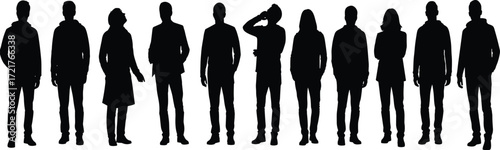 Silhouettes of diverse people standing in row, various postures and clothing styles, minimalistic black figures on white background illustration