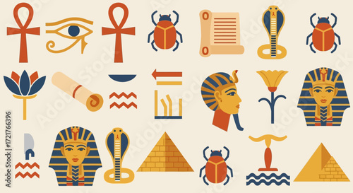 Egyptian Symbols and Icons Ankh Eye of Horus Scarab Pharaoh Pyramid.