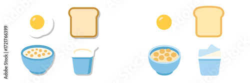 Breakfast foods arranged separately with eggs, toast, and bowls of cereal on a clean white background at morning