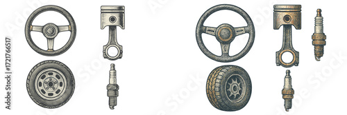 Various car parts including steering wheels, pistons, and tires arranged for automotive illustration