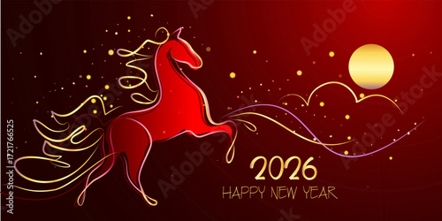Year of the horse, Chinese New Year 2026 banner card with red horse and clouds, golden mane and stars.