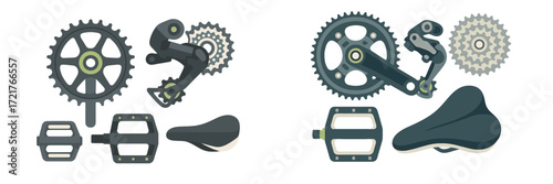 Bicycle parts arranged on a flat surface showcasing gears, pedals, and a saddle for a cycling project or repair task
