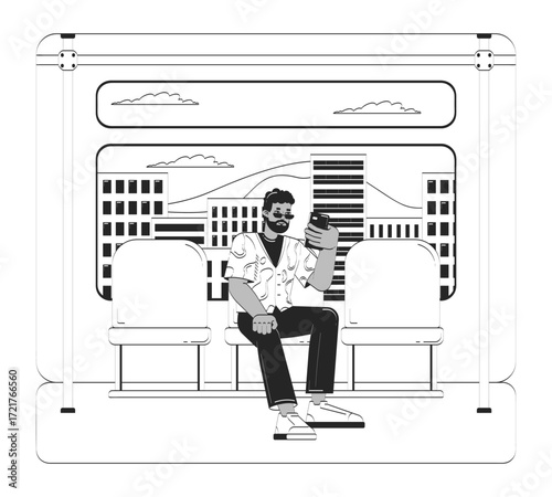 Stylish black man browsing phone on city subway doodle lineart illustration. African american guy in sunglasses mobile 2D line ink character isolated on white. Monochrome vector outline hand-drawn