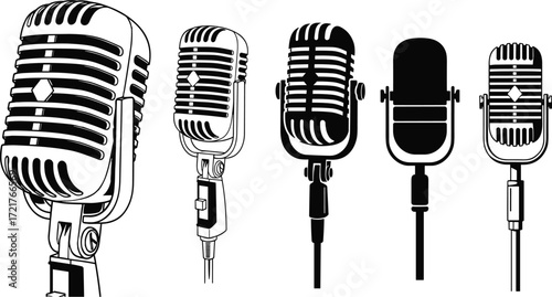 Vintage microphones in four artistic styles, realistic shading, black and white, silhouette, bold lines, retro audio equipment, music, broadcasting vector illustration