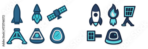 Creative space-themed icons featuring rockets, satellites, and extraterrestrial elements in a modern design style