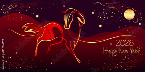 Year of the horse, Chinese New Year 2026 banner card with red horse and clouds, golden mane and stars.