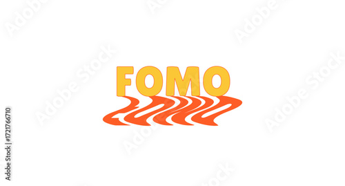 FOMO acronym bold internet slang with wavy orange shadow. Fear of missing out lingo. Anxious feeling. Psychological term. Social media buzzword. Funky reflection 70s typography. Lilita One font used