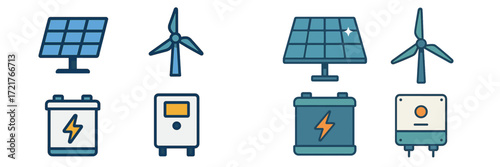 Visual representation of renewable energy sources including solar panels, wind turbines, and energy storage solutions in a clear layout