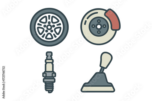 Car parts illustration showing wheel, brake, spark plug, and gear shifter in simple design