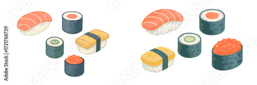 Various colorful sushi rolls arranged on a white background showcasing different types and styles of sushi