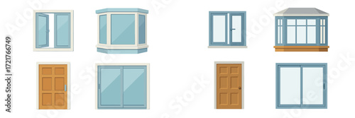 Different styles of windows and doors displayed in a clear, organized layout showing various shapes and colors suitable for home design