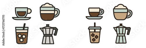 Coffee and beverage icons in a simple design showing different types of drinks and preparation methods