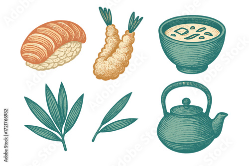 Sushi, tempura, tea kettle, and ingredients arranged on a white background in artistic style capturing Japanese cuisine elements