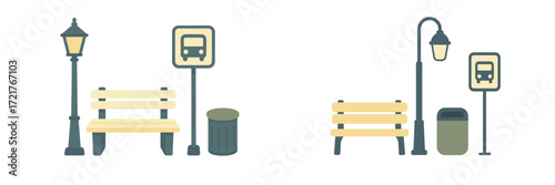 Bus stop scene featuring benches, lighting, and trash cans in a clean urban environment