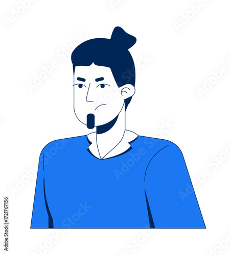 Angry caucasian man with goatee and topknot 2D cartoon character. European male frowning expression. Negative emotion. Upset headshot flat vector person isolated on white. Spot illustration colorful