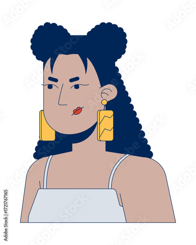 Stylish latina woman with bold earrings and angry expression 2D cartoon character. Hispanic female curly hair, irritated stare flat vector person isolated on white. Spot illustration colorful