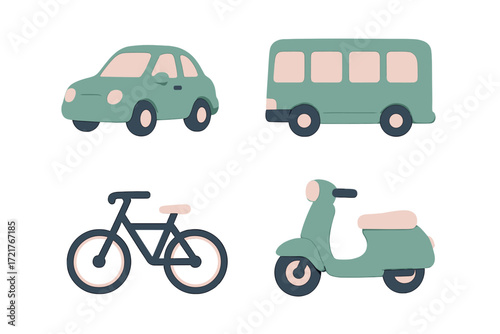 Colorful toy vehicles including a car, bus, bicycle, and scooter made of soft material in playful design